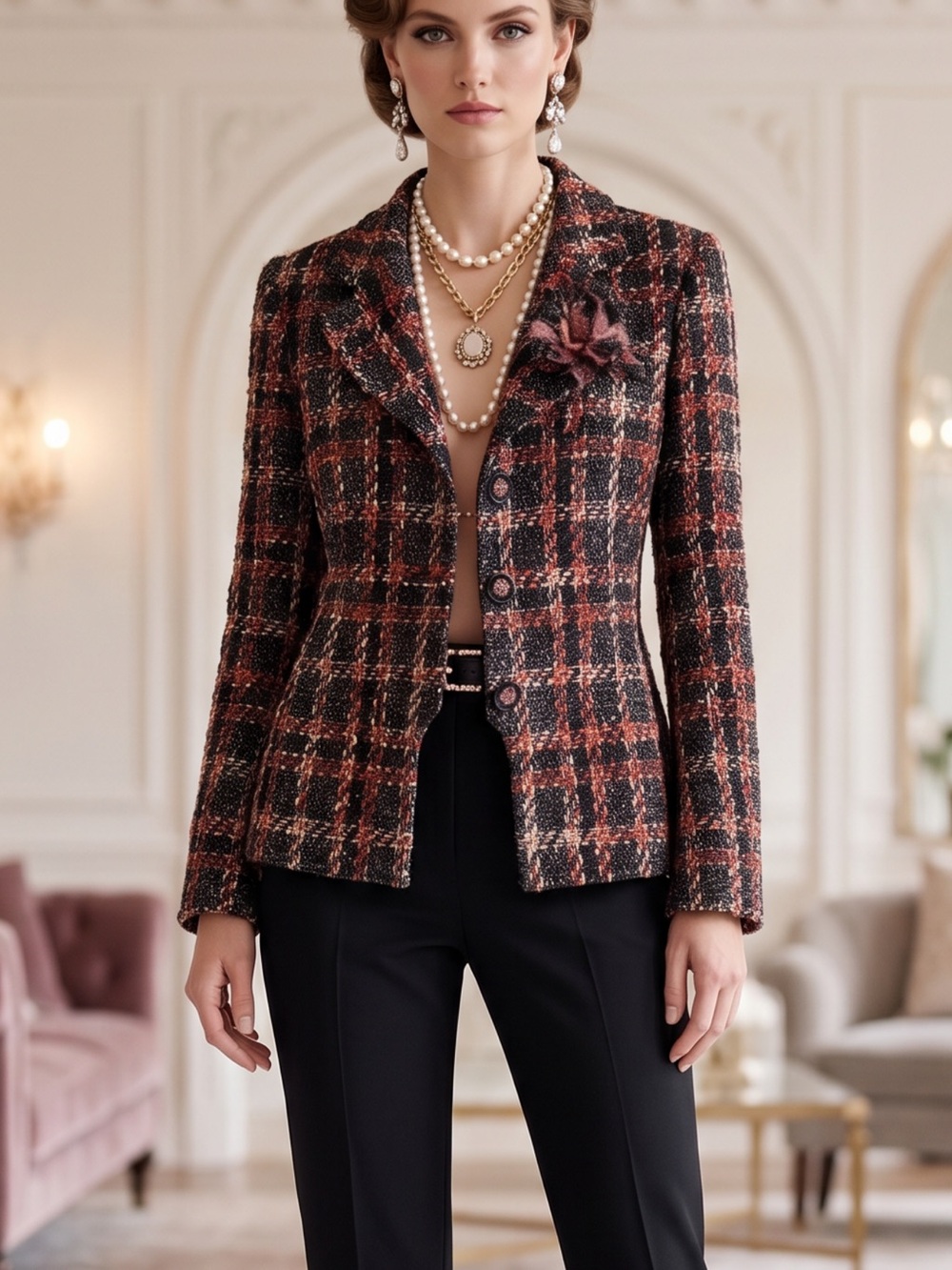 Ice Black and Rust Plaid Tweed Jacket with Floral Brooch